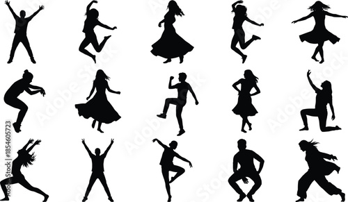 Vector silhouette collection of fifteen diverse people performing various energetic activities including dancing jumping and expressive movement on a white background