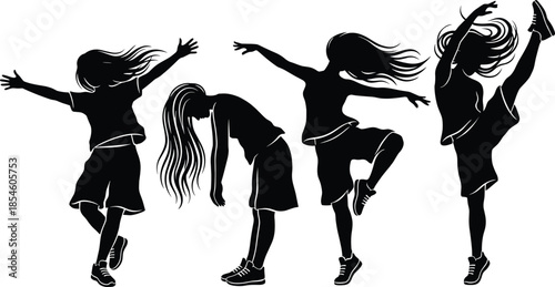 Vector silhouette collection of four young women with long hair performing energetic modern dance moves and urban hip hop poses