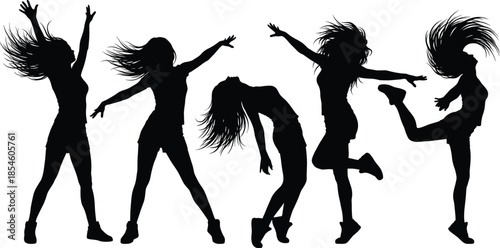 Vector silhouette collection of five young women with long hair performing energetic modern dance moves and expressive urban hip hop poses