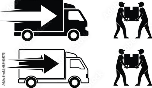 Delivery truck and movers icons set fast shipping on transparent background silhouette