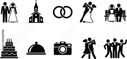 Vector silhouette collection of wedding icons featuring bride and groom church rings cake camera dancing and guests on white background isolated