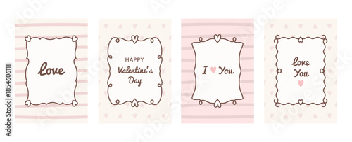 Set of cute cards with hand drawn frames with hearts and swirls, decorative elements and backgrounds for wedding, Valentines day, invitations, etc