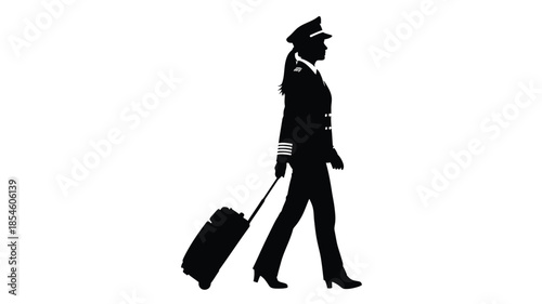 A female pilot walking with luggage a striking black silhouette