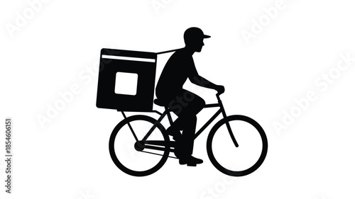 Delivery person riding a bicycle with a box black and white silhouette