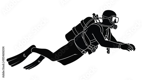 A black silhouette of a scuba diver swimming underwater silhouette