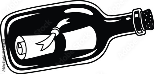 A black silhouette of a message in a bottle on transparent background