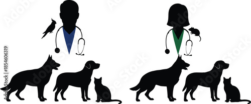 Veterinarians with pets including dogs, cats, birds, and rodents, showcasing animal care, compassion, and professional veterinary service in clinic setting