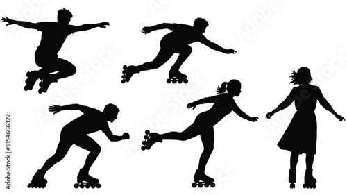 People enjoying roller skating and dynamic movement in black silhouette