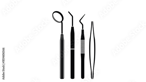 Dental instruments displayed in a stark black and white silhouette