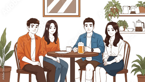 Four friends sitting at a small table in a cozy cafe with plants