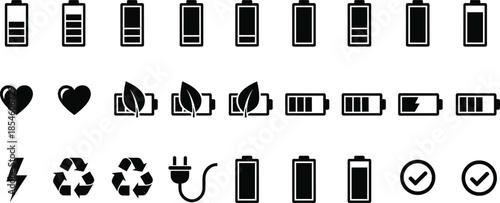Vector illustration of battery and energy icons—symbols for charge levels, eco power, electricity status, sustainability, and environmental interface reference