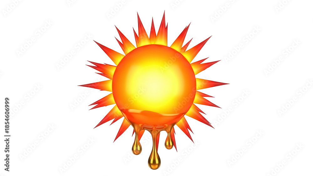 Naklejka premium Melting sun PNG isolated on transparent background, hot weather concept with dripping liquid and fiery rays, summer heat symbol