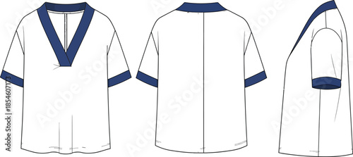 Detailed technical drawing of a white and blue garment