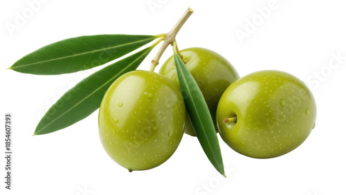 Tableau sur toile Three green olives on a branch with leaves isolated PNG, fresh and healthy Medit
