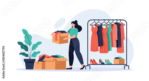 A woman is decluttering her wardrobe by sorting clothes into boxes for donation, promoting sustainability and minimalism.