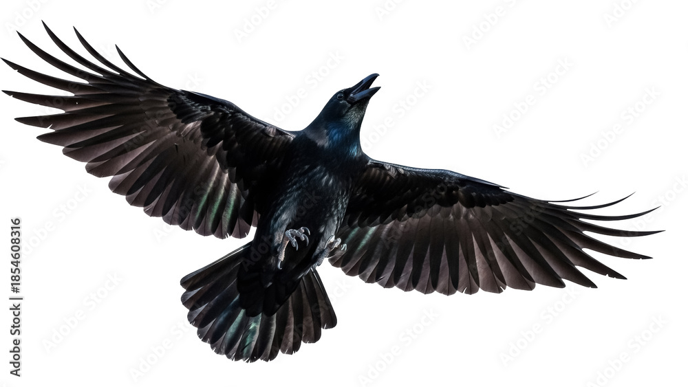 Obraz premium Majestic black raven flying PNG isolated on transparent background, dark bird with open wings for Halloween and gothic themes