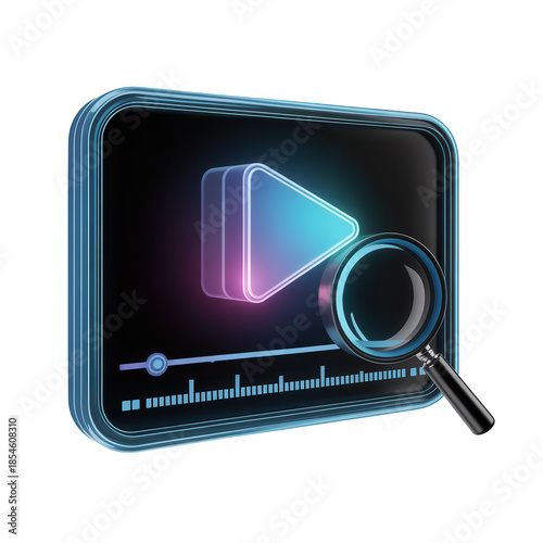 Semi-transparent holographic play button with magnifying glass on a digital transparent background