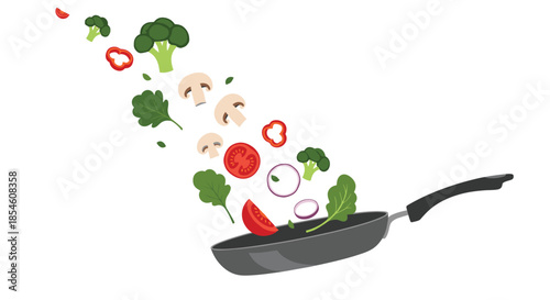 An assortment of fresh, chopped vegetables like tomatoes, broccoli, and mushrooms are tossed into a black frying pan for cooking.