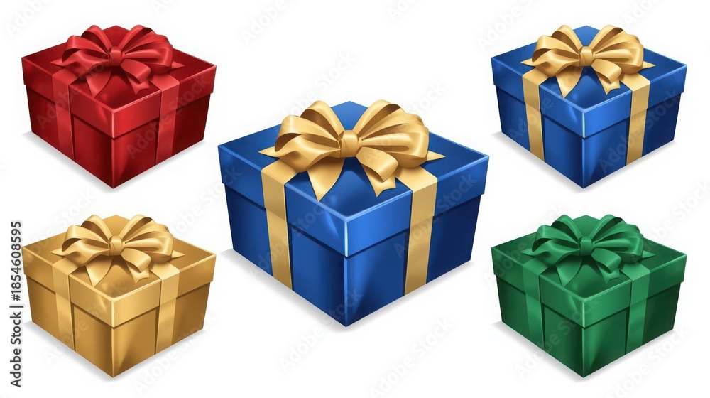 Obraz premium Set of Glossy Colorful Gift Boxes with Elegant Gold Ribbons and Bows, Isolated Icons for Holidays and Celebrations
