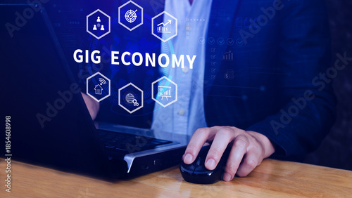 Gig economy, freelance, hybrid workplace concept. combination of employment trend, growing to external hiring. not ai