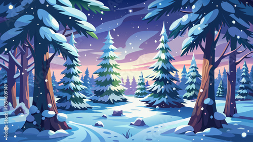 Snowfall gently covering a dense spruce forest, creating a magical winter atmosphere