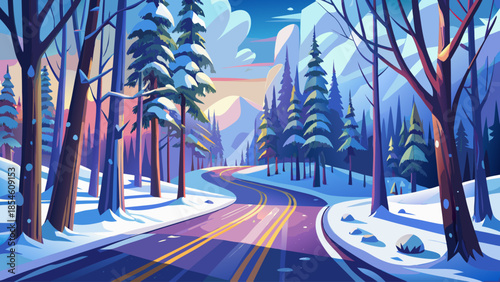 Winter road winding through a snowy forest, creating a sense of journey and quiet solitude