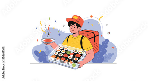 A cheerful delivery man in a cap and thermal backpack holds up a fresh tray of assorted sushi for a happy customer.