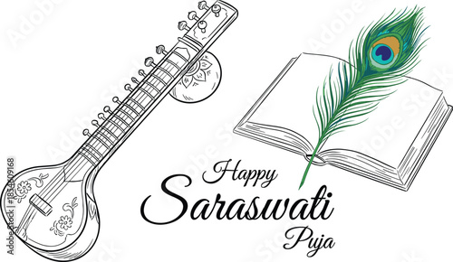 Happy Saraswati Puja greeting card with hand drawn Veena musical instrument, open book and peacock feather for Vasant Panchami festival celebration vector illustration