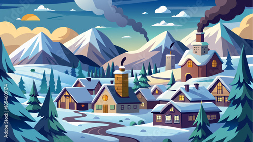 Winter village nestled among snow-covered hills with smoke rising from chimneys under a gray sky
