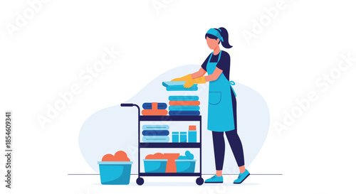 A professional cleaning lady or hotel maid in uniform pushes a trolley cart with fresh towels, linens, and cleaning supplies.
