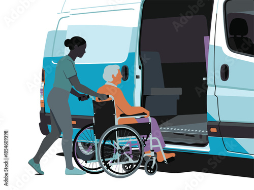 Caregiver helps senior in wheelchair board an accessible transport van
