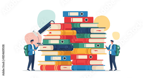 Two small students with backpacks stand on either side of a giant, overwhelming stack of colorful textbooks and binders.