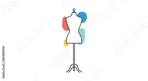 A minimalist line art illustration of a tailor's mannequin on a stand, decorated with abstract and colorful paint splotches.