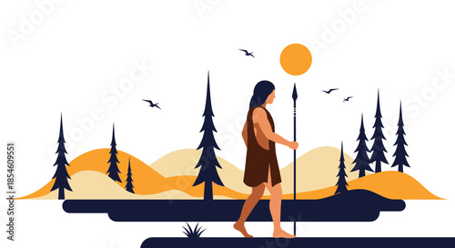 A depiction of a prehistoric man from the Stone Age, walking with a spear through a stylized landscape of hills and trees.