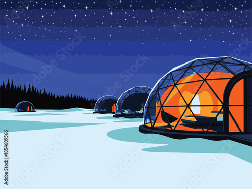 Starry Winter Night with Illuminated Geodesic Domes in Snow