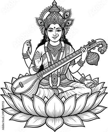 Goddess Saraswati sitting on lotus flower playing veena for Hindu festival Vasant Panchami line art cad drawing flat vector illustration coloring page
