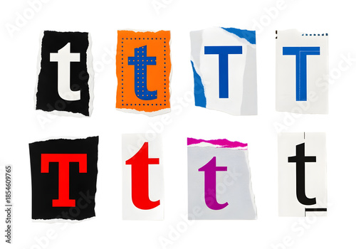 Diverse collection of uppercase and lowercase letter t and t from torn paper isolated on transparent