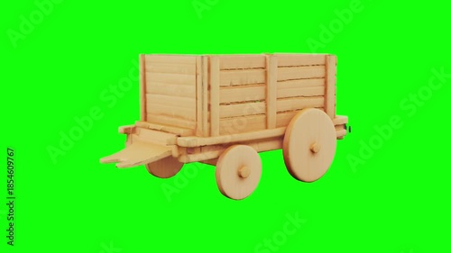 3D wooden cart animated on green screen background