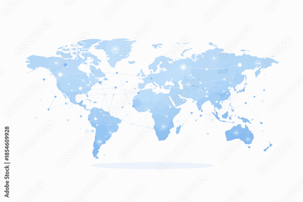 Fototapeta premium A blue digital world map showcasing global connectivity and network. With interconnected dots and lines representing data flow and relationships