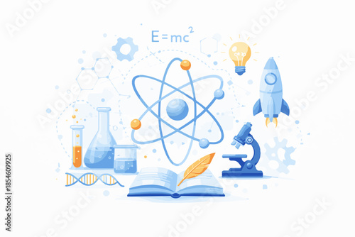 Science education concept with a atom model, book, test tubes, and other elements