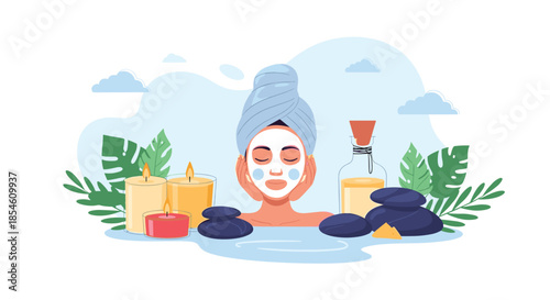 A relaxed woman with a towel on her head and a cosmetic face mask enjoys a spa day with candles, hot stones, and essential oils.