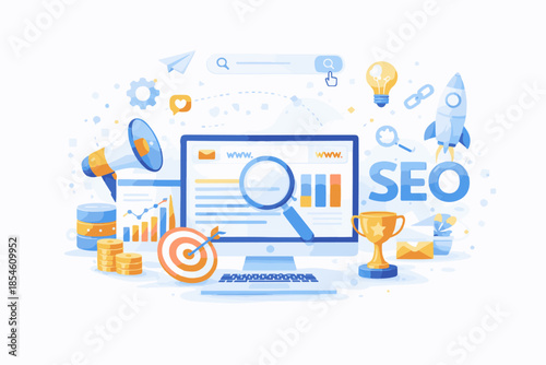 An illustrative digital marketing and search engine optimization (SEO) composition featuring computer, a target with an arrow, a trophy, and other related elements