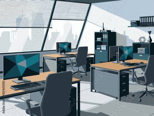Modern open-plan office interior with workstations, computers, and city view