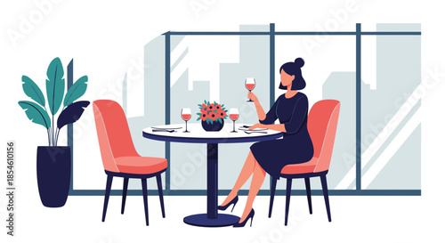An elegant woman in a black dress dines alone in a sophisticated, modern restaurant, enjoying a glass of red wine with her meal.