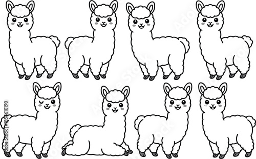 Eight cartoon llamas in various poses and expressions