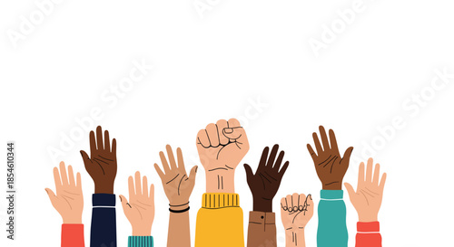 Diverse group of multiracial hands raised up in the air, symbolizing unity, community, activism, and social empowerment together.
