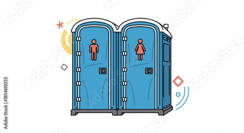 Cartoon illustration of two blue portable toilets for men and women, representing public sanitation and restroom facilities at events.