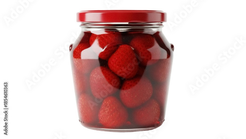 Photos Strawberry jam in a glass jar with red lid isolated PNG, homemade fruit preserve
