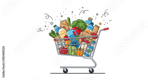 Supermarket shopping cart overflowing with a variety of fresh groceries, including fruits, vegetables, drinks, and packaged goods.