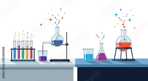 Chemistry laboratory scene with various glassware like beakers, test tubes, and flasks filled with colorful chemical reactions.